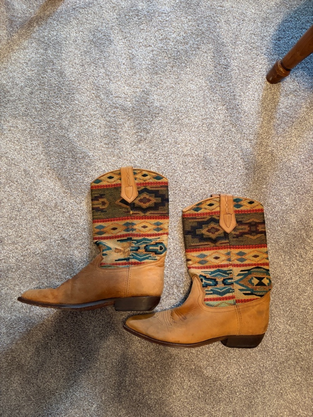 Tan Leather Cowboy Boots with Southwestern Textile Shaft